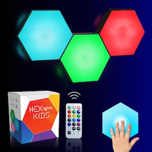 May include: A set of three hexagonal LED lights in blue, green, and red, with a remote control and a box labeled "Hex Lights Kids".