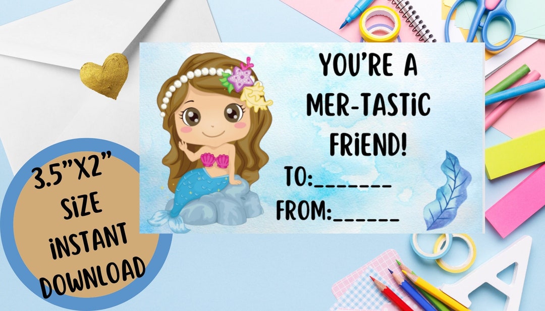 Mermaid Valentines Day Printable Kids Card. Instant Download Printable ...