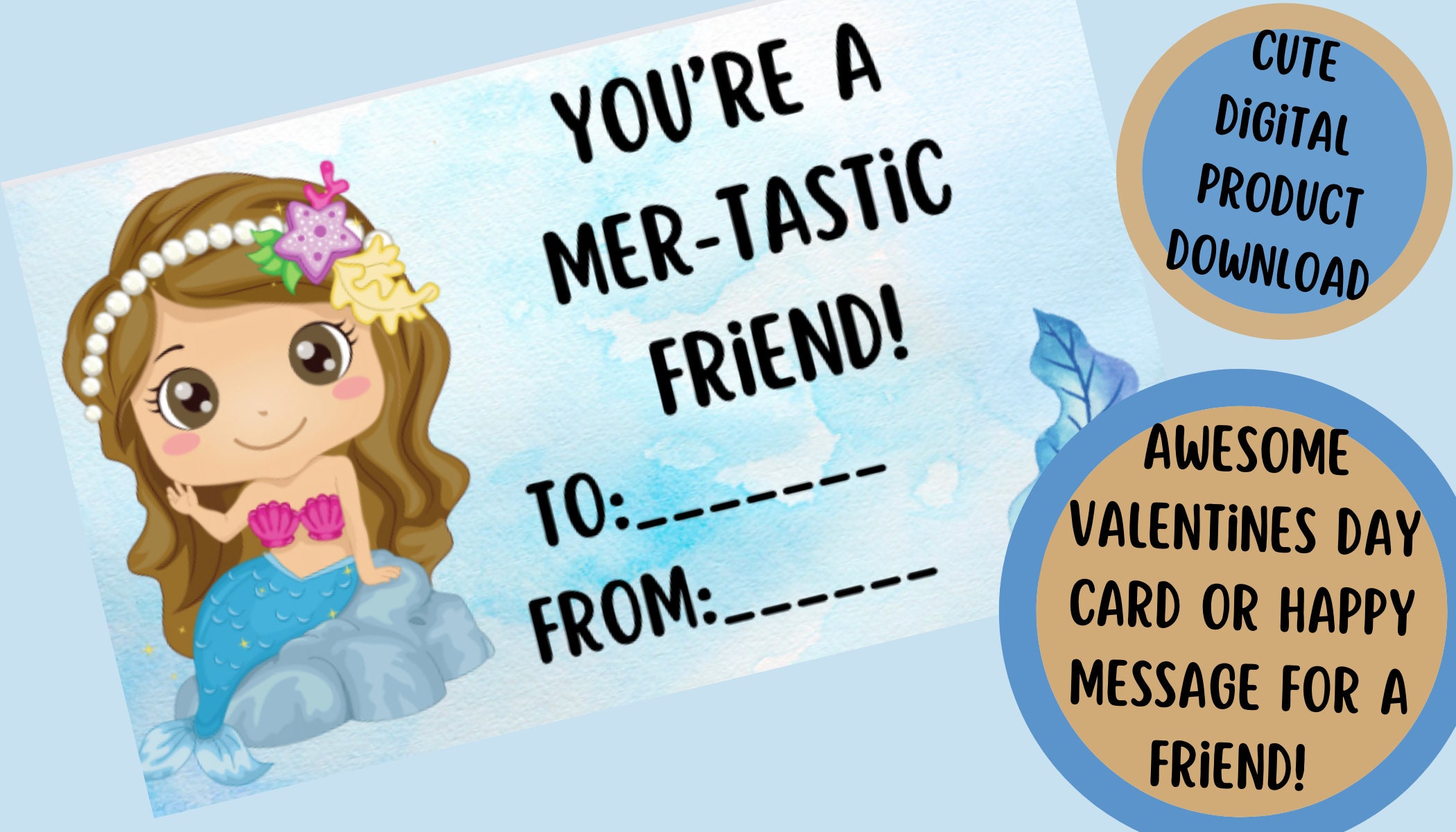 Mermaid Valentines Day Printable Kids Card. Instant Download Printable ...