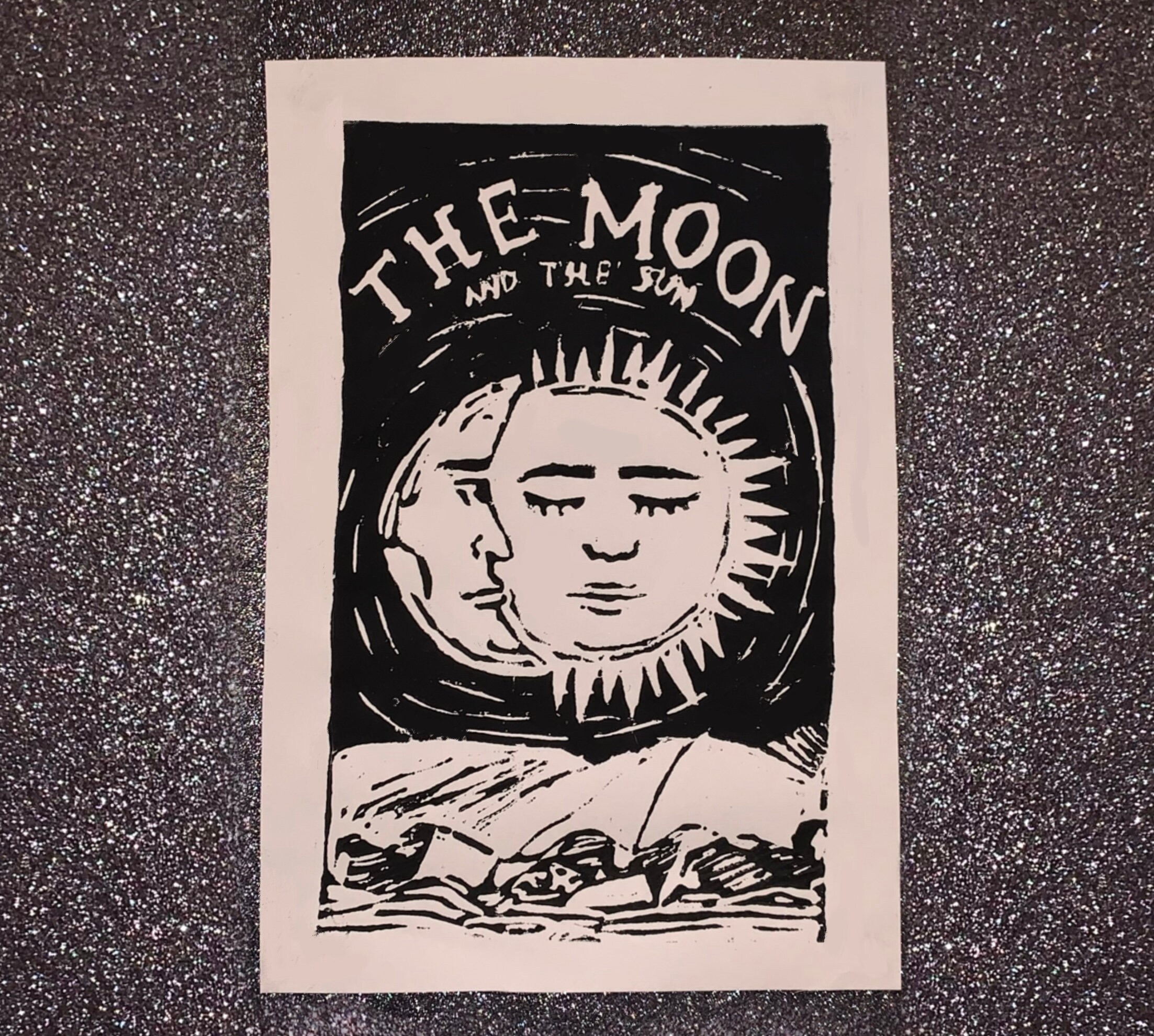 Imprimé Linogravure Soleil et Lune