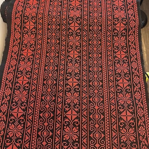 Jordanian Palestinian Tatreez Embroidered Fabric, Red/Black 18-19&quot; Wide, Made in Jordan