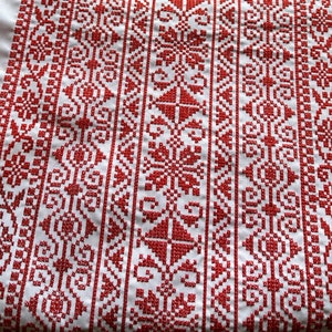Authentic Jordanian Tatreez Cross-Stitch Embroidery, Sold by the Yard, White/Red, Floral, 12 Inches Wide