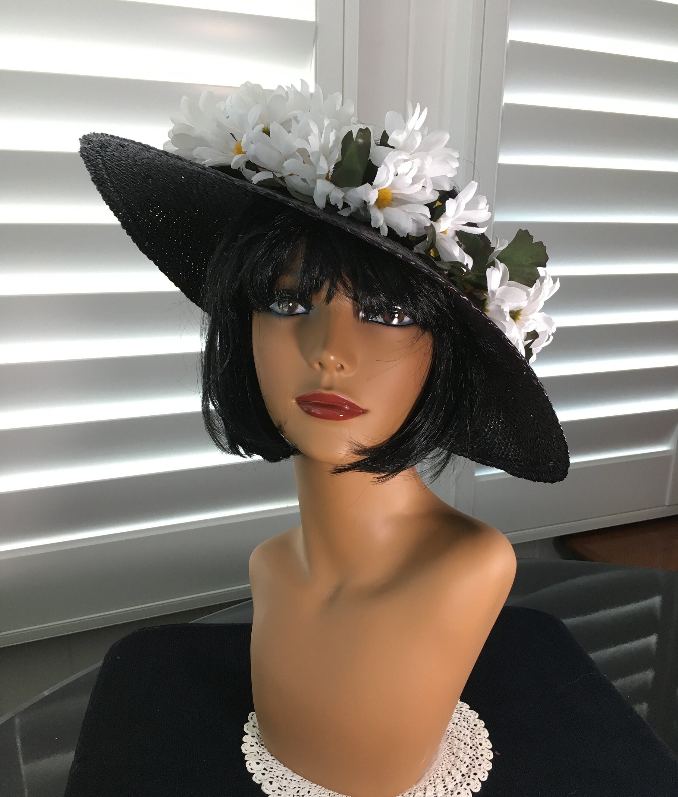 Black Wide Brim Hat Flower Wide Brim 