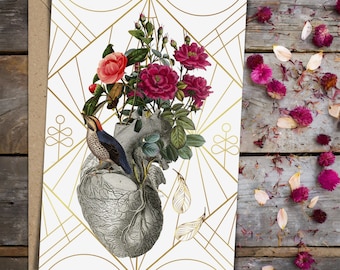 May include: A white card with a gold geometric pattern and a vintage illustration of a human heart with pink roses and a bird perched on top.