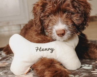 May include: A brown and white puppy with curly fur is lying on a brown and white blanket. The puppy is holding a white bone-shaped toy with the name "Henry" embroidered on it.