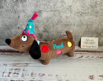 Hundespielzeug „Partyhund“ mit Squeaker personalisiert, Hunde Zubehör, Hunde Geburtstags Geschenk, Geburtags Hund ByFiönchen