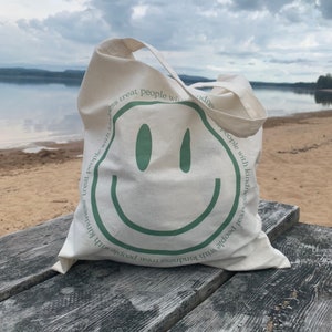 Happy Face Tote, Aesthetic Tote Bag, Tote Bag Smile Face, Cute Tote Bag, Trendy Tote Bag, Reusable Bag, Shoulder Aesthetic Bag, Y2k Bag