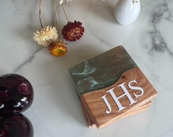 Posavasos cuadrado personalizado de epoxi azul verdoso de 10 cm (4 pulgadas), resistente al agua, ideal para decorar el hogar o como regalo.