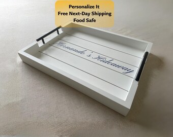 White Wood Ottoman Tray with Handles: Decorative Serving Tray for Coffee Table or Kitchen