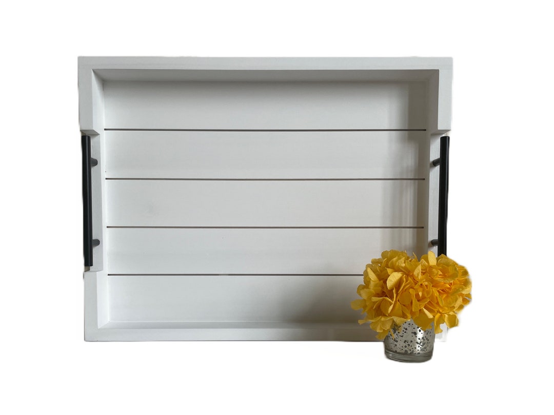 White Ottoman Tray With Handle for Living Room Serving Tray for Coffee