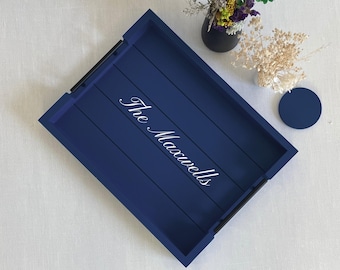 Bandeja de servir de madera azul marino oscuro personalizada de 13x17 / Decoración para mesa de centro / Regalo para ella