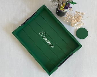 Green Wood Ottoman Tray 13x17: Decorative Serving Tray with Handles for Coffee Table, Kitchen