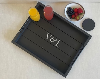 Charcoal Gray Ottoman Tray | Modern Dark Gray Coffee Table Tray with Handles | Minimalist Wooden Serving Tray