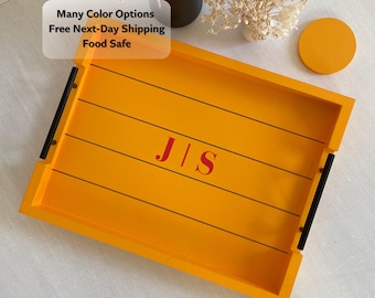 Personalized Mustard Yellow Wooden Tray – 13x17 Custom Monogram Tray, Modern Housewarming & Wedding Gift