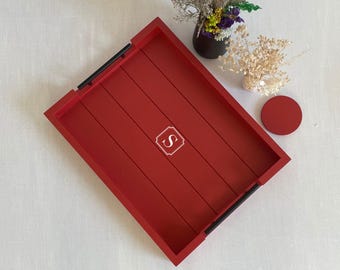 Personalized Red Wooden Serving Tray, Custom Wedding Bridal Shower Gift