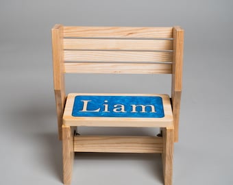 Personalized Brown Kids Step Stool, Wooden Toddler Chair, Indoor Outdoor