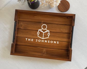 Personalized Book Lover Tray, Reading Writing Gift, Custom Wood Serving Tray for Teacher Librarian Writer Author Book Club