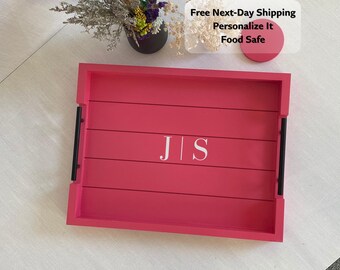 Personalized Pink Wooden Tray – Custom Monogram, 13x17 Handcrafted Tray