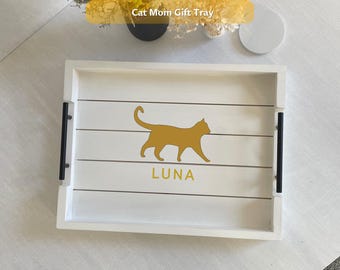 Personalized Cat Lover Tray, Custom Cat Name Serving Tray, Cat Mom Gift, Cat Owner Gift, Pet Memorial Tray, Rustic Wood Tray with Cat Icon