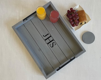 Weathered Gray Ottoman Tray with Handles | Rustic Farmhouse Coffee Table Tray | Gray Wooden Serving Tray Decor