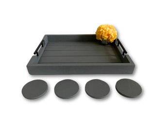 Light Grey Ottoman Tray with Handles, Decorative Coffee Table Tray