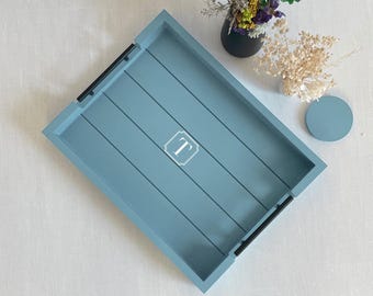 Bandeja de servir azul cielo de 13x17 pulgadas / Bandeja otomana personalizada / Decoración para mesa de centro / Estilo rústico costero