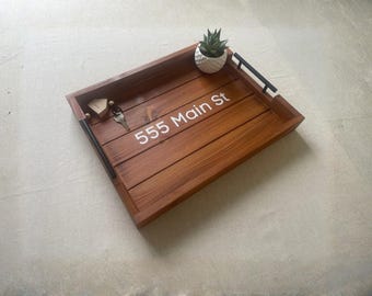 Bandeja de madera personalizada para inauguración de la casa, organizador de entrada con dirección personalizada