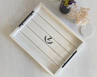 White Wood Ottoman Tray with Handles: Decorative Serving Tray for Coffee Table or Kitchen
