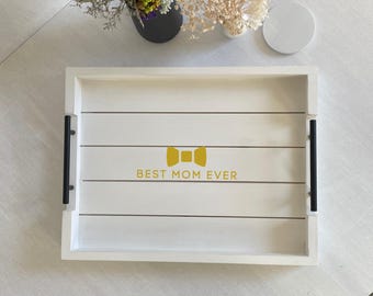 Personalized Mom Tray, Custom Wooden Serving Tray with Hat Glasses Bow Icon, Mother’s Day Gift for Mom Grandma Wife Her