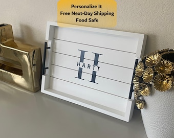 White Wood Ottoman Tray with Handles: Decorative Serving Tray for Coffee Table or Kitchen