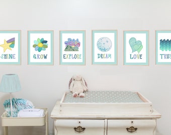 ART DE PÉPINIÈRE TURQUOISE | Téléchargement numérique (fichier uniquement) | Aqua Mignon Bébé Art | Tons froids pour les filles | Art de pépinière aventureux