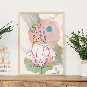 Woman Line Art Print, Watercolor Botanical Printable, Line Art Flowers, Wall Art, Pink, Green,  Digital Download, Digital Print, PDF, JPG