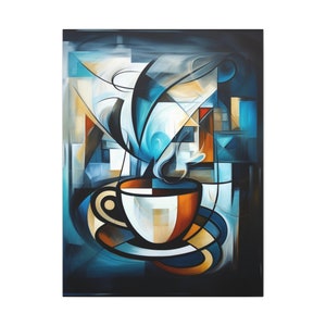 Cool Java, Abstract Coffee Cup Canvas,Blue Brown and White, Jazz, Coffee Shop Decor, Wall Art Kitchen, Lounge, Dining Room