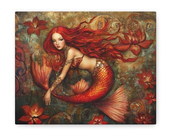 Red Mermaid Canvas Print, Fine Art, Vintage, Art Nouveau, Sea Decor, Ocean Art