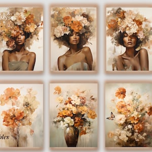 Flower Printable Set of 6 Neutral, Six, Flower Woman Head, Earth Tone Floral, Black Woman Art Set,Earth tone Decor,Fine Art African American