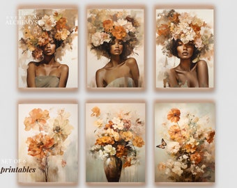 Flower Printable Set of 6 Neutral, Six, Flower Woman Head, Earth Tone Floral, Black Woman Art Set,Earth tone Decor,Fine Art African American