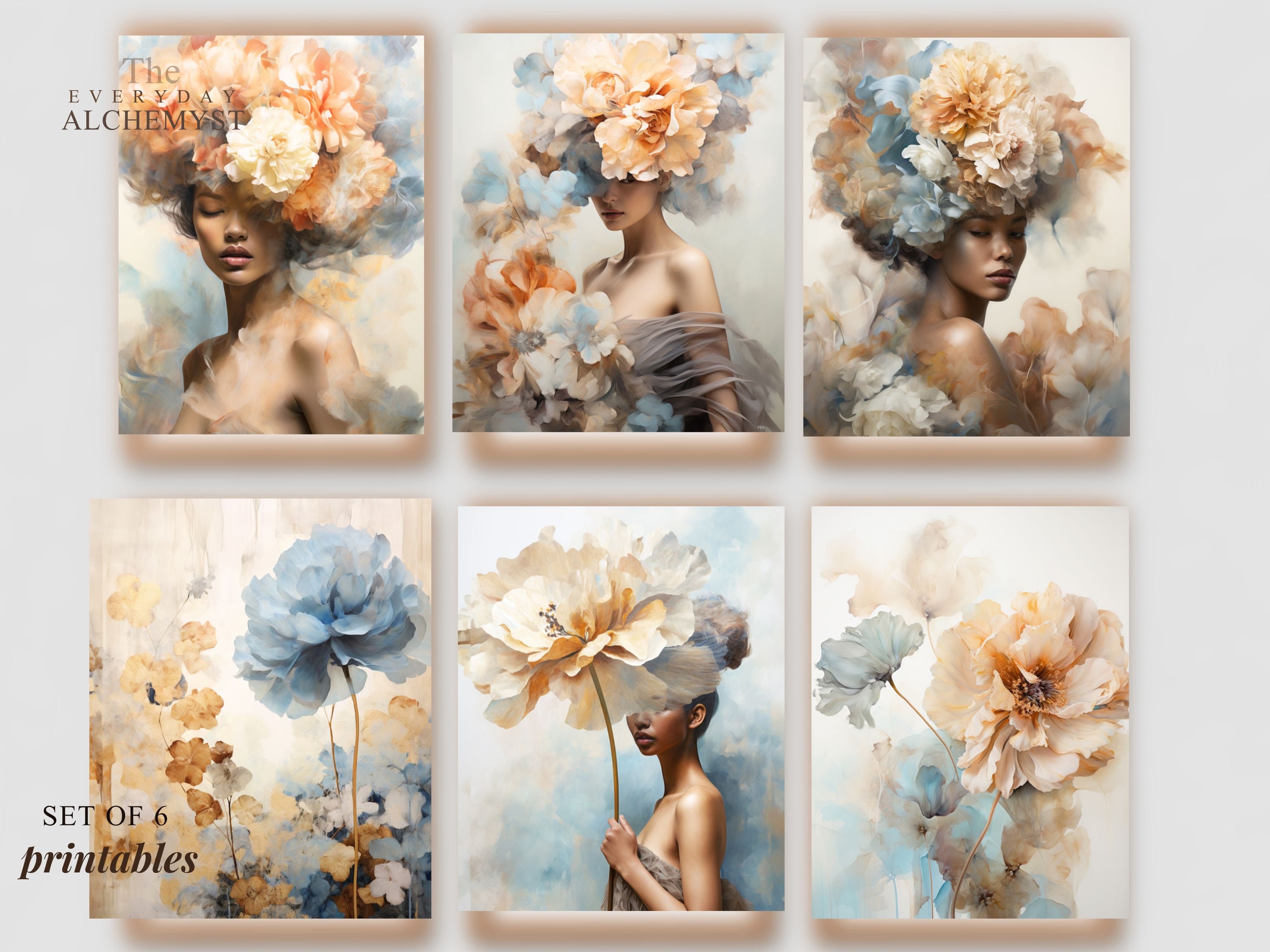Flower Woman Head PRINTABLE, Set of 6, Blue, Six Earth Tone Floral Prints, Woman Art, Decor,Fine Art, blue and brown motif, living room art