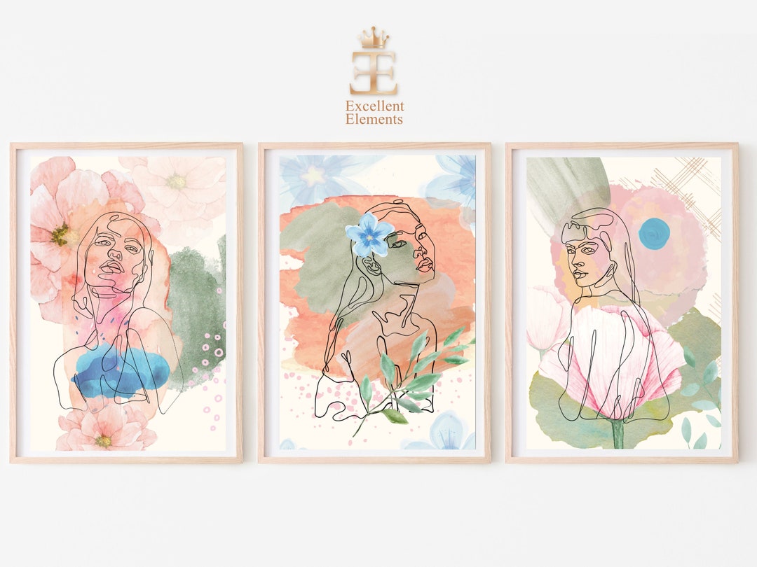 Set of 3 Prints, Line Art Women, Flower Woman Line Art Print ...