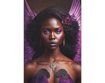 Canvas Purple African Woman Angel, Purple Black Goddess with Wings Wall Decor, Afro Hair, Flowers, Violet, Walling Hanging, Queen,