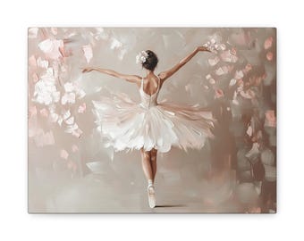 May include: A canvas print of a ballerina in a white tutu, arms outstretched, en pointe. The painting has a soft, impressionistic style with a muted color palette of pinks, whites, and browns. The ballerina is the focal point, surrounded by abstract floral elements.