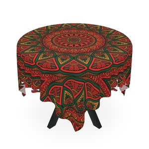 Boho Print Tablecloth, Boho Mandala Flower Decor,  Red and Green Print Table Cloth, Hippie, Indian Dining Room Table Decor