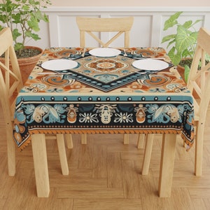 Blue and Neutral Boho Tablecloth,Cool PatternTable Cloth, Hippie, Boho Dining Room Table Decor