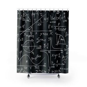 May include: Black and white shower curtain with a pattern of mathematical equations and graphs. The equations include symbols like pi, sigma, and infinity. The graphs include a circle, a parabola, and a sine wave.