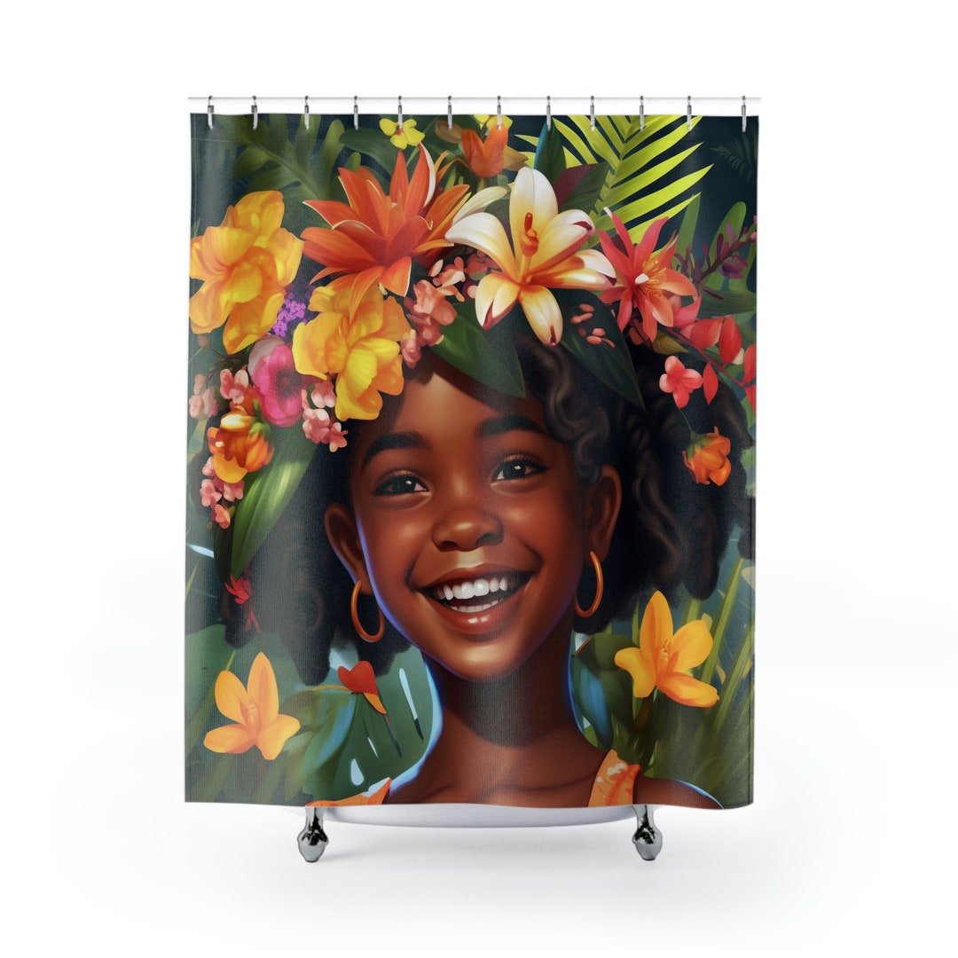Little Girl Floral Shower Curtains, Kids Bathroom Decor, Tropical