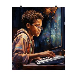 May include: A digital art print depicts a young person with glasses, focused on a computer screen. The person is wearing a hooded jacket and typing on a keyboard. The background features a colorful, abstract design.