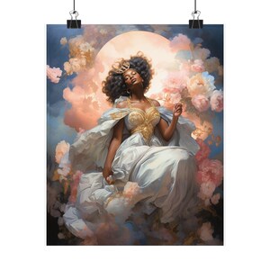 Angelic Black Goddess Poster, Soft Blue an Pink Queen Pregnant, African Queen Poster, Wall Decor, Afro