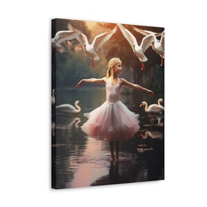 Ballerina standing in water with swans, Pink Ballerina Canvas, Ballet Decor, Elegant Art, Painting Style, Classical, Fine Art