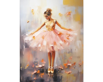 May include: A ballerina in a pink tutu with gold accents stands on a stage with fallen leaves around her. The background is a soft, abstract painting of gray and yellow.