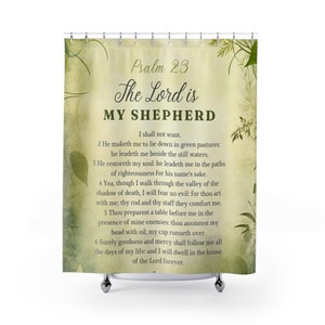Green Nature Psalm 23 Shower Curtain, Bathroom Christian Decor, The Lord is My Shepherd, Christian Home Decor, Green, Plants, Minimalist