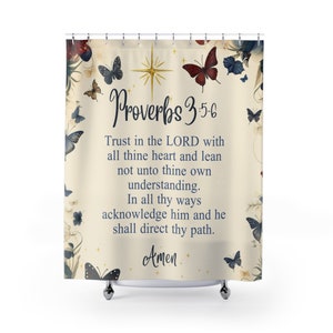 Proverbs 3 5 and 6 Shower Curtain, Maroon and Blue Butterfly Christian Decor, Trust in the Lord, Christian Home Decor, Navy, Minimalist